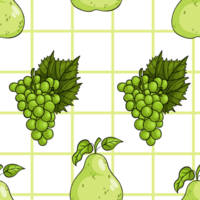 Seamless pattern with green pear and bunch grapes on checkered background png