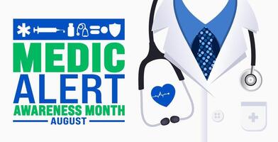 Medic Alert Awareness Month is observed every year in August. Holiday concept. Template for background, banner, card, poster, placard, design template with unique shapes with standard color. vector