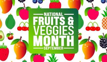 National Fruits and Veggies Month is observed every year in September. Holiday concept. Template for background, banner, card, poster, placard, design template with unique shapes with standard color. vector