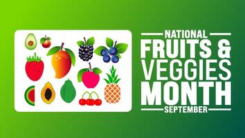 National Fruits and Veggies Month is observed every year in September. Holiday concept. Template for background, banner, card, poster, placard, design template with unique shapes with standard color. vector