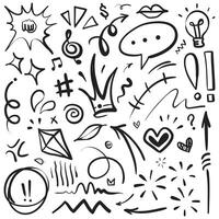 Doodle set of hand-drawn cartoony expression sign doodle, curve directional arrows, emoticon effects design elements, cartoon character emotion symbols, cute decorative brush stroke lines. vector