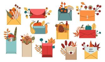 Envelope with autumn leaves and cozy elements . Minimalistic hand drawn postcard. illustration in flat style isolate on white background . vector