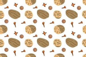 Christmas winter spice. Decorative seamless pattern with spices to cook mulled wine cardamom and nutmeg on white background. Flat doodle pattern for paper and textile design . vector