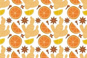 Cartoon ginger , clove and anise star whole and slice seamless pattern for print design. Healthy food background. Decorative graphic element. Asian spice root vector