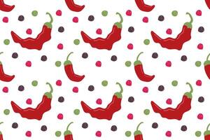 red hot chili peppers seamless pattern. Chili peppers, dill and peppercorns isolated on a white background. Spices seamless background vector
