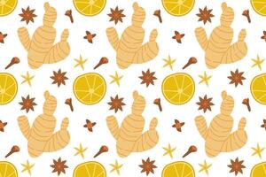 Cartoon ginger , clove and anise star whole and slice seamless pattern for print design. Healthy food background. Decorative graphic element. Asian spice root vector