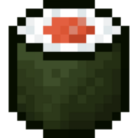 A retro-styled pixel-art illustration of a mini salmon sushi roll with a red center. png