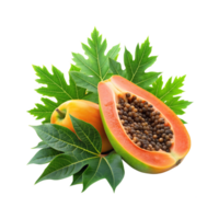 Fresh One papaya and sliced with leaves png
