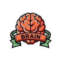 Brain mascot with a red banner, smirking confidently with brain text logo icon illustration on white background vector