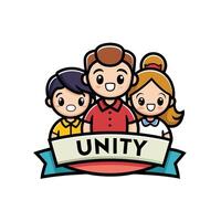 Vibrant illustration showcases a diverse and cheerful group of cartoon people with sad faces, unity and friendship concept with unity text vector