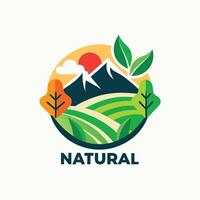 Natural Harmony A Scenic Representation of Nature with Mountains, Fields, and Leafy Elements Emphasizing Sustainability vector