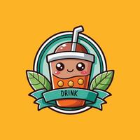 Bubble drink or bubble tea logo with leaf and text on yellow background vector