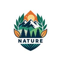 Natural Harmony A Scenic Representation of Nature with Mountains, Fields, and Leafy Elements Emphasizing Sustainability logo icon vector