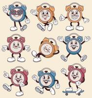 Set of Funny cartoon character of Alarm Clock Pointing. Can be used as Sticker, posters, prints. The comic elements in trendy retro cartoon style vector