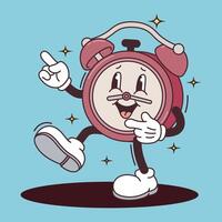 Funny cartoon character of Alarm Clock Pointing. Can be used as Sticker, posters, prints. The comic elements in trendy retro cartoon style vector