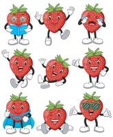 Set of Nine strawberry characters with varying expressions and activities. suitable for childrens books, educational materials, and food related designs vector