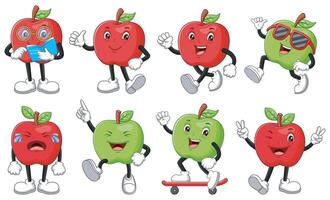 Set of Eight apple characters with varying expressions and activities. suitable for childrens books, educational materials, and food related designs vector