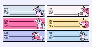 cute unicorn notebook labels set for middle school and elementary school kids for back to school. vector