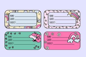 unicorn and rainbow notebook labels set for middle school and elementary school kids. vector