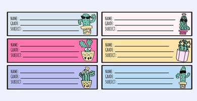 cute cacti notebook labels set for middle school and elementary school kids for back to school. vector