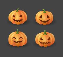 Set of orange Halloween carved smiling Pumpkins on a dark background. Jack o'lanterns collection vector