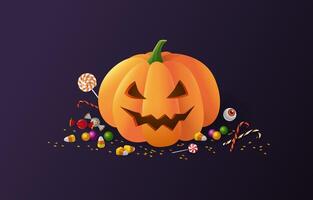 Halloween pumpkin and sweets on a dark background. Carved squash holiday decoration with confetti and candy around vector