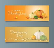 Thanksgiving day banner design with colorful pumpkins, leaves and garland illustration vector