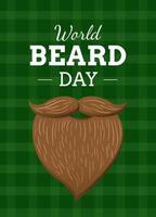 World Beard day greeting card design. Brown beard illustration on green checkered background vector