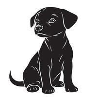 Black and white silhouette of a cute puppy dog sitting in a simple minimalist design. Design of greeting cards, posters, patches, prints on clothes, emblems. Puppy pet. vector