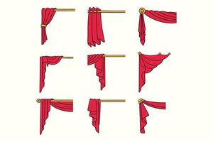 elegant red silk curtain with draperies, pelmet, pole illustration design set. corner of curtain and draperies doodle. colorful curtain flat design style for corner decoration ornament frame vector