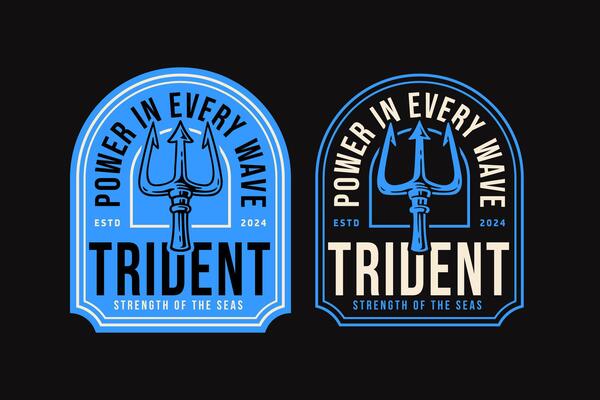 Trident neptune retro badge logo design graphic for navy shipping company brand identity. Trident deep sea vintage emblem logo collection for nautical wanderlust and adventure