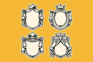 royal shield with curtain and crown outline badge frame logo design sets. elegant knight heraldry crest coat emblem symbol illustration collection. set of retro shield decorative ornament vector