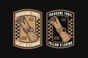 Treasure map with skull chain retro badge logo design for sailors, cruises, pirate and journey. Pirate treasure map or map scroll emblem logo collection for navy wanderlust and adventure vector