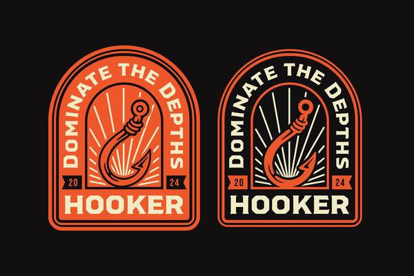 Fish hook retro badge logo graphic for navy shipping and fishing company brand identity. Sharp fishing hook vintage emblem logo collection for fisherman wanderlust and adventure. Decoy or bait logo