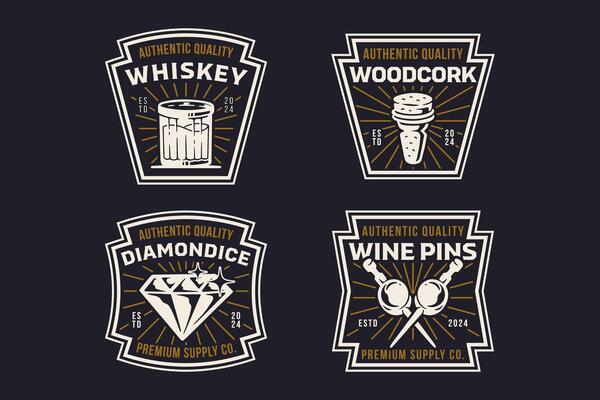glass, whiskey, wooden cork, ice diamond and wine pin retro badge logo design set for brewery industry and restaurant company label, sign, symbol or brand identity