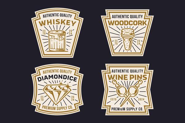 whiskey, glass, wooden cork, ice diamond and wine pin retro badge logo design set for brewery industry and restaurant company label, sign, symbol or brand identity