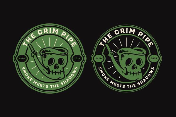 Smoking pipe with skull head retro badge logo design graphic for cigarette factory company brand identity. Tobacco pipe with cranium emblem logo collection for gentlemen wanderlust and adventure