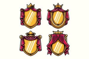 royal shield with curtain and crown colorful badge frame logo design sets. elegant knight heraldry crest coat emblem symbol illustration collection. set of retro shield decorative ornament vector