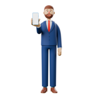 3D illustration of standing man holding smartphone and showing blank screen. Close up portrait of cartoon smiling businessman demonstrating empty phone display. png