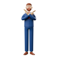 3D Illustration of smiling businessman says NO with the gesture, crosses her hands. Expresses dissatisfaction and disagreement. Body language and nonverbal communication. png