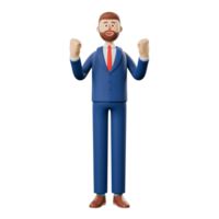 3D illustration of smiling bearded businessman very happy and excited doing winner gesture with arms raised, smiling and screaming for success. png
