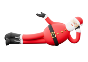 3D cartoon character of Christmas Santa Claus lying down with his right hand raised. png