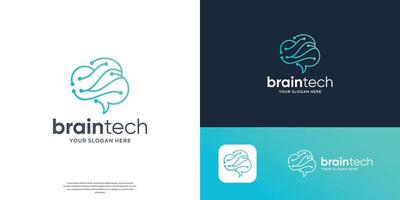 minimalist brain tech logo design, circuit tech concept line style illustration. vector