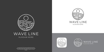 monoline wave ocean sun beach simple line art logo template. vector