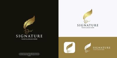 inspiration quill feather logo template. signature feather pen design with golden color branding. vector