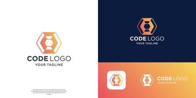 silhouette coder logo design, Abstract coding hexagon with gradient color branding. vector