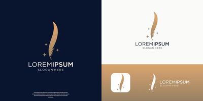 feather pen signature logo design template with gold design color vector