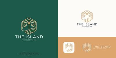minimalist the island logo of waves and palm tree outline art . vector