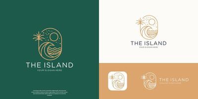 minimalist the island logo of sun beach waves and palm circles line art vector