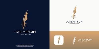 feather pen signature logo illustration design template with gold design color vector